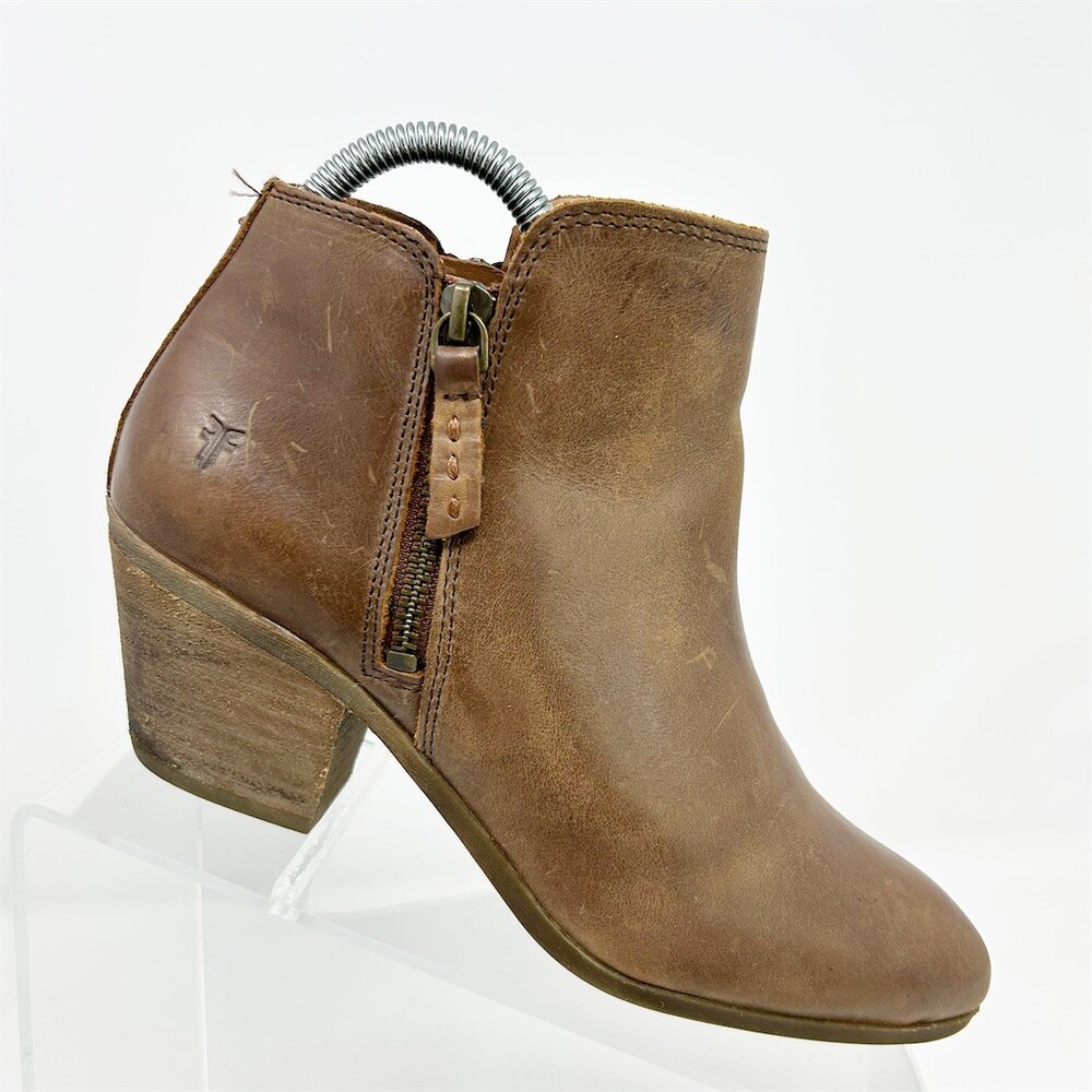 Frye Judith Double Zip Ankle Booties Womens Brown Block Heel Almond Toe Size 6.5